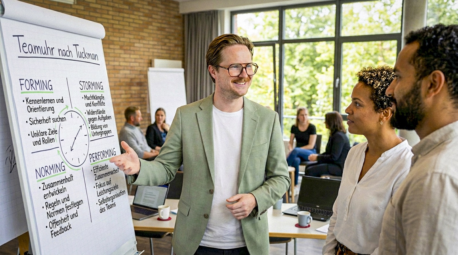 Lennart Werksnis erklärt die Teamuhr nach Tuckman in einem Workshop